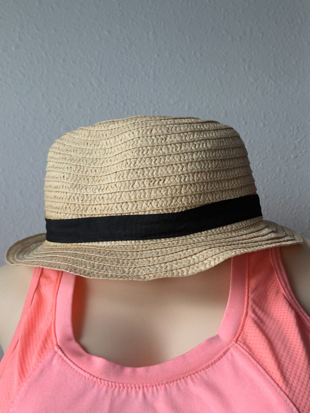 Straw Fedora Trilby Sun Hat Natural Tan Black Ribbon Band Summer Beach One Size